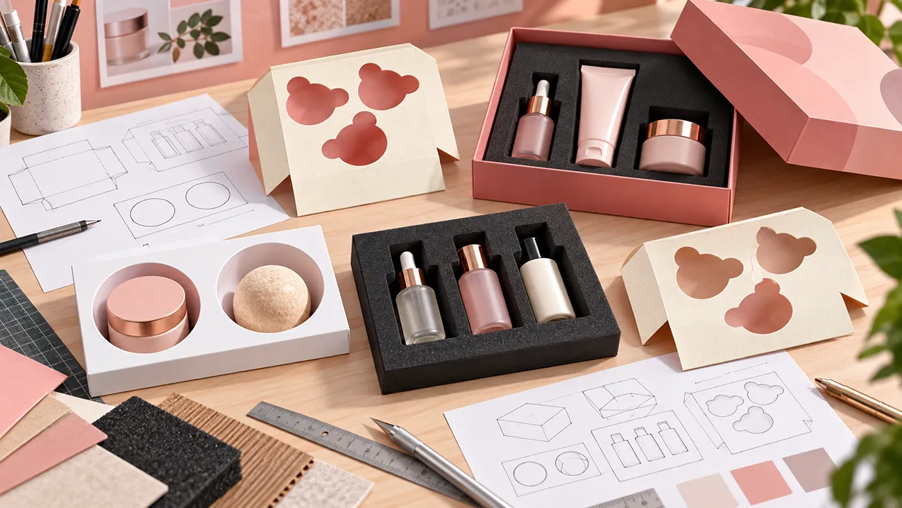 Multi-product packaging insert design process, custom paper tray layouts and sample inserts for cosmetic sets