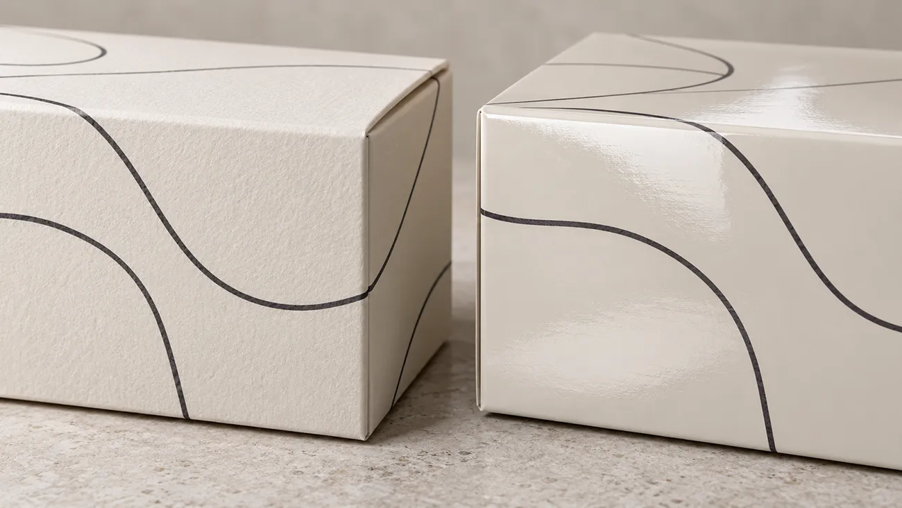 Matte and glossy ivory paper boxes compared side by side