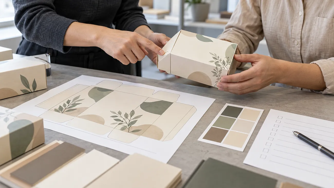 Packaging professionals reviewing a paper box sample beside artwork and color swatches