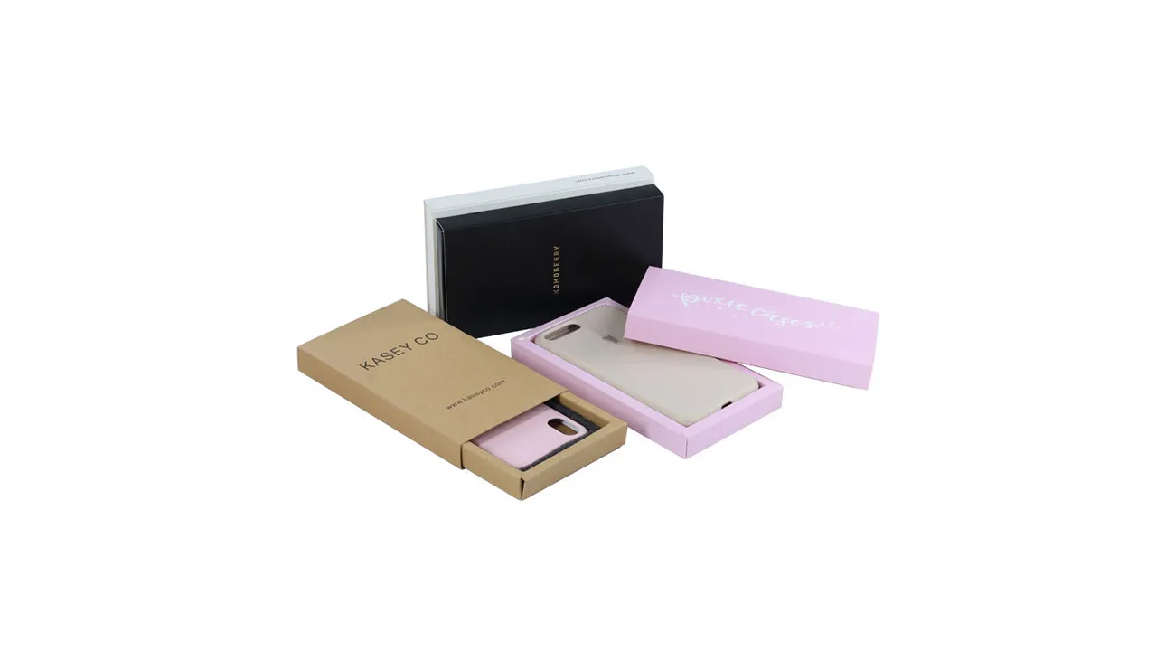 Drawer-style boxes with mobile phone inserts, available in kraft, pink, and black.