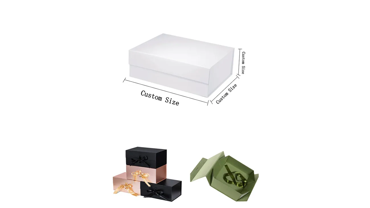 Diagram of custom-sized rigid gift boxes and samples of gift box packaging in various colors.