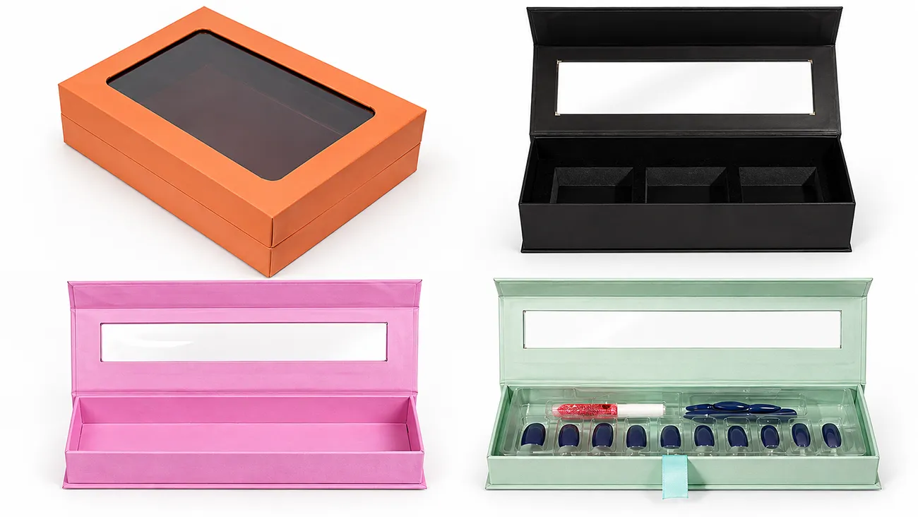 Rigid gift boxes with clear window and custom inserts for cosmetic and nail product packaging