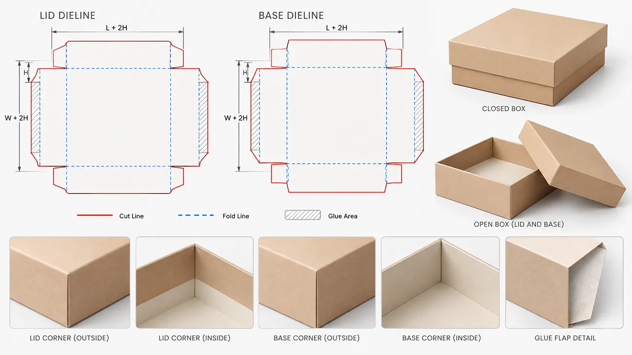 Lid and base box dieline template showing cut lines, fold lines and glue flaps for custom rigid gift packaging