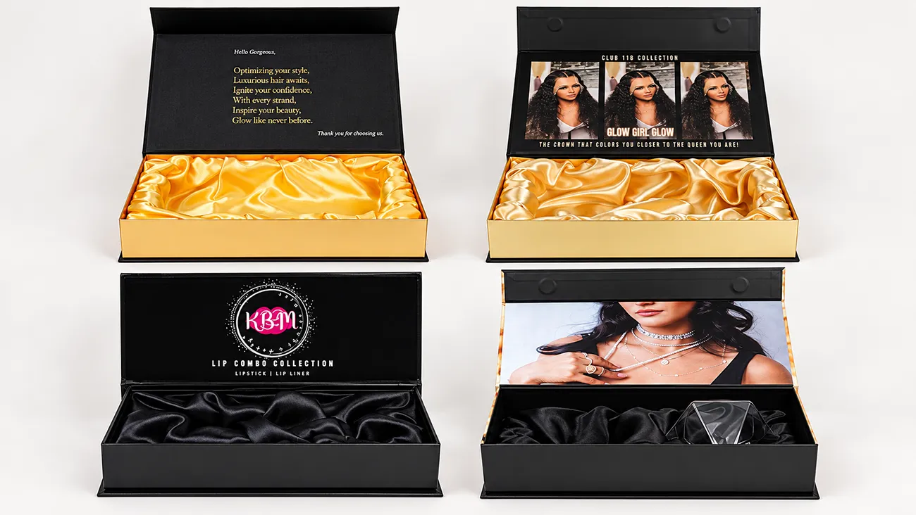 Custom printed rigid gift boxes with satin lining for beauty and hair product brand packaging
