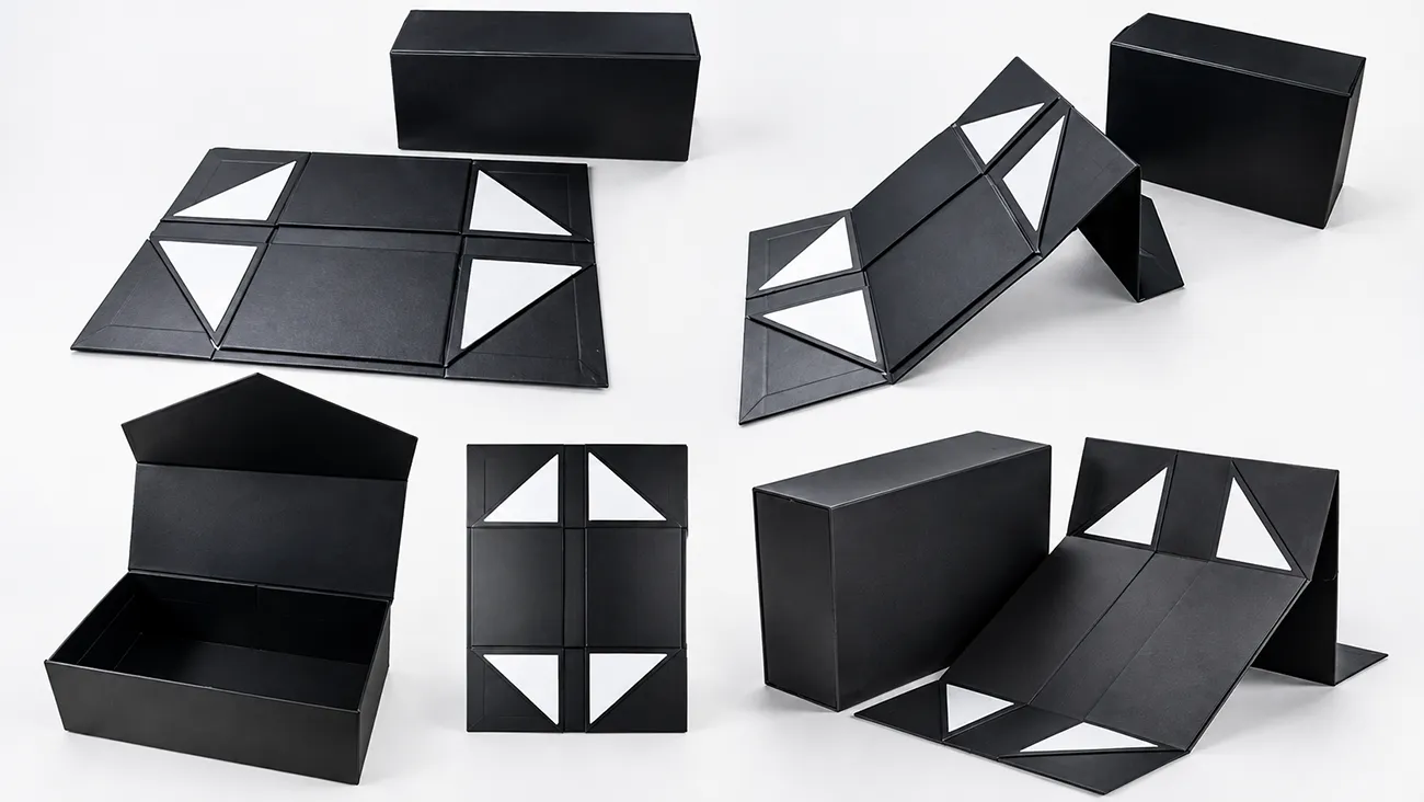 Black collapsible rigid box shown unfolded, partly folded, open, and fully assembled.