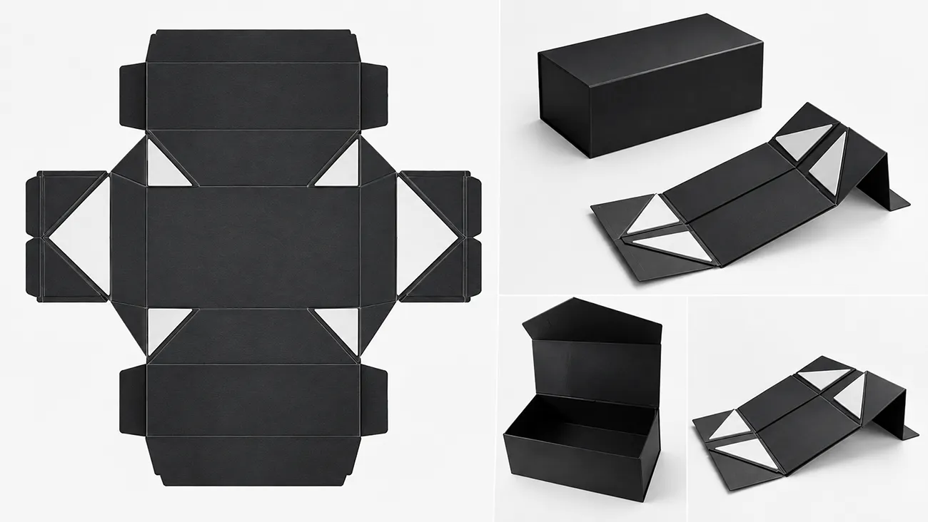 Diagram showing the unfolded structure, folding steps, and assembled form of a black collapsible rigid box.