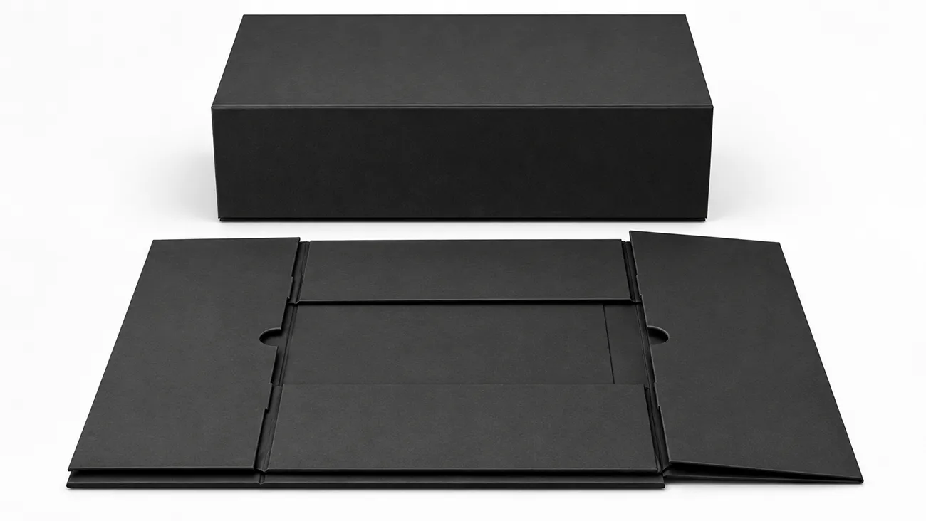 Black collapsible rigid box shown assembled and laid flat.