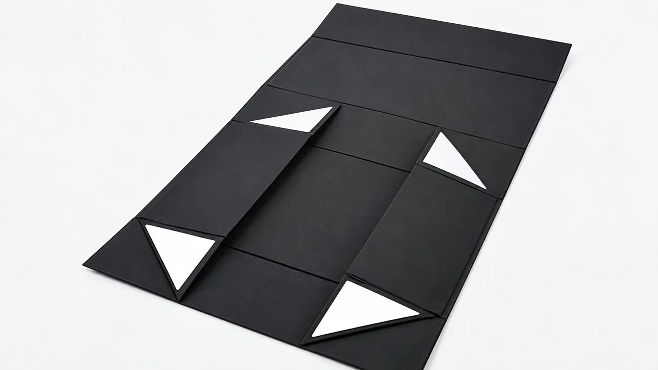 Flat black rigid box structure with panels, fold lines, and triangular corner tabs.