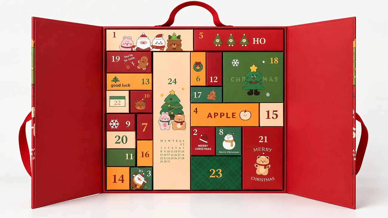 Open red Christmas advent calendar gift box with numbered compartments and festive character illustrations.
