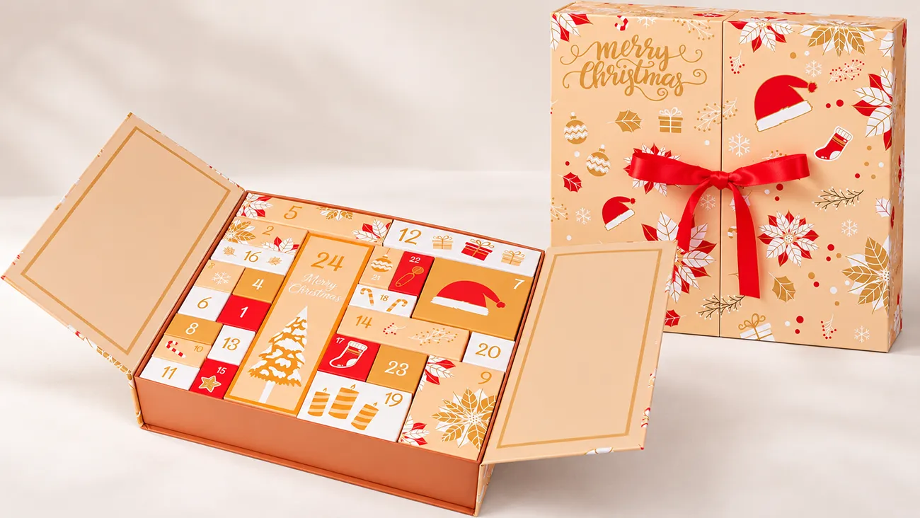Open orange Christmas advent calendar gift box with numbered compartments, shown beside its matching gift bag.