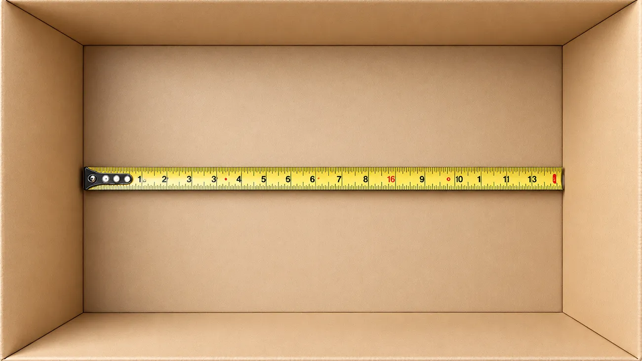 Close-up of a tape measure across the inside width of a cardboard box